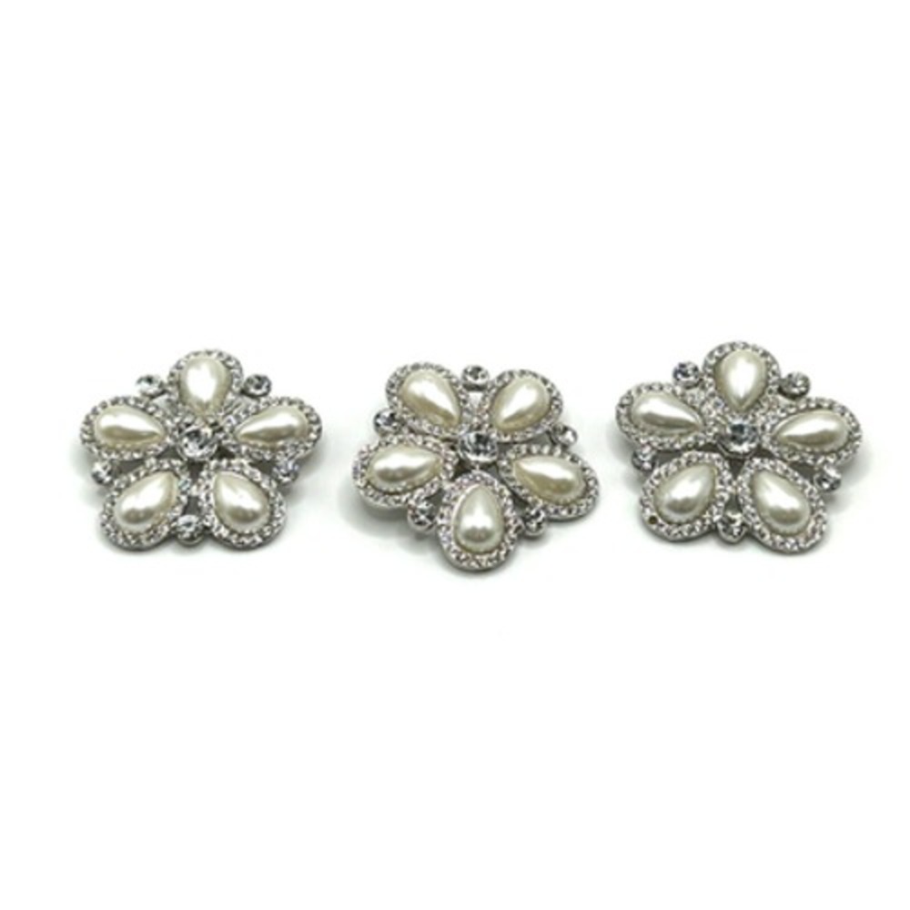 Vintage White Faux Pearl & Rhinestone Flower Scarf Shoe Clip Set of 3 Marked AA